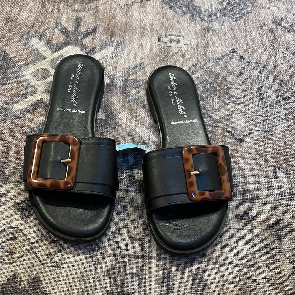 Black Slide Sandals with Decorative Buckle